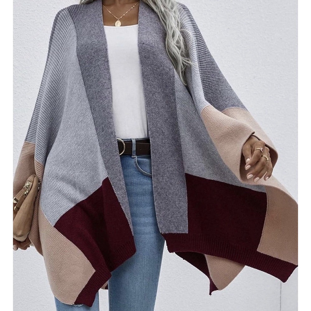 FS Collection Colorblock Poncho Wrap Womens OS Open Front Pink Gray Burgundy